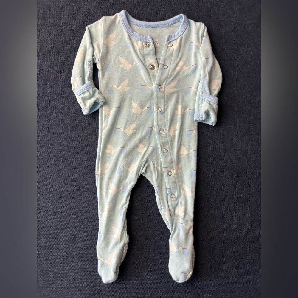 Kickee pants bamboo preemie snap footie blue storks